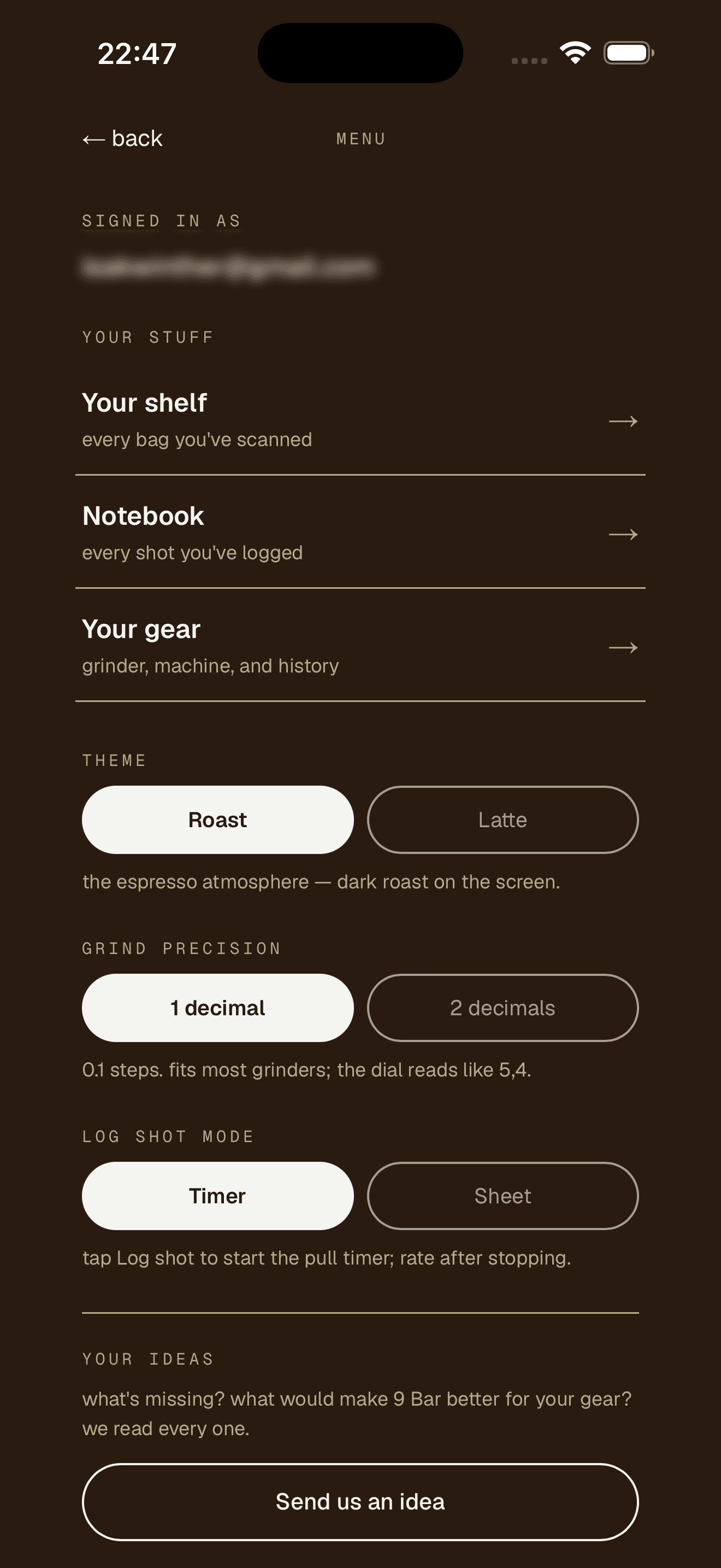The 9 Bar Society — Menu and settings: theme, grind precision, log-shot mode.